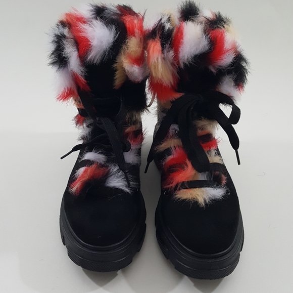 Women Bamboo Faux Fur Trim Combat Boots - Picture 2 of 6